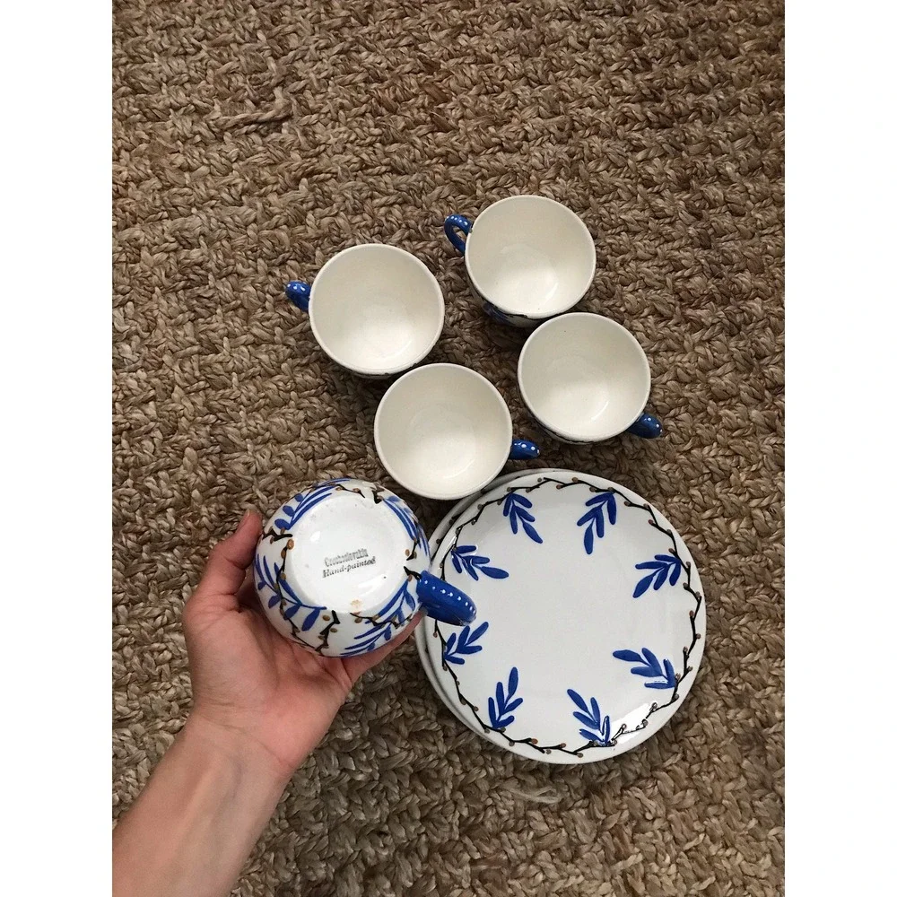 Vintage Hand Painted‎ Tea Set Blue White Creamer 4 Cups Saucers Floral Pottery